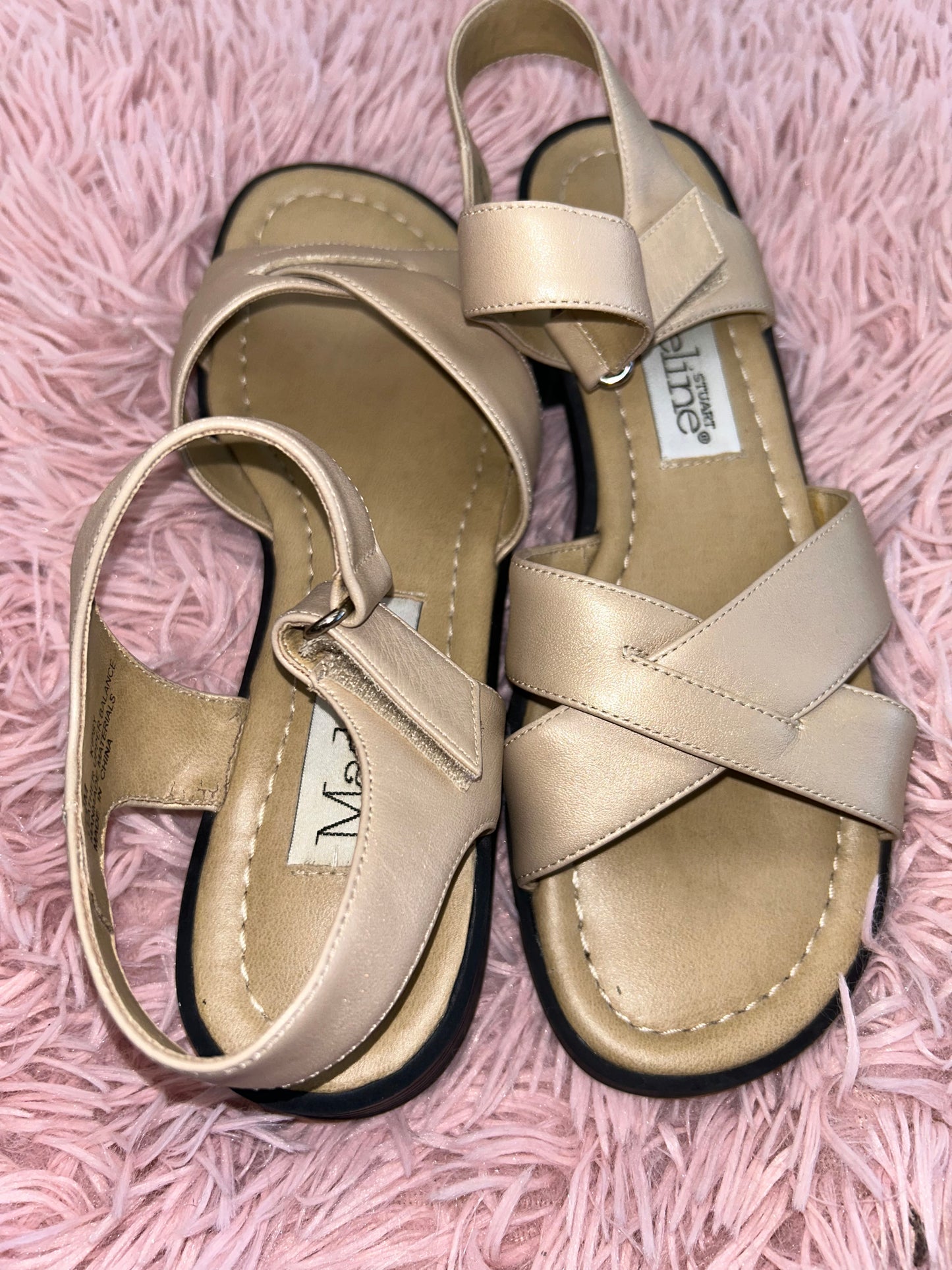 Gold Sandals Heels Block Stuart Madeline, Size 7.5