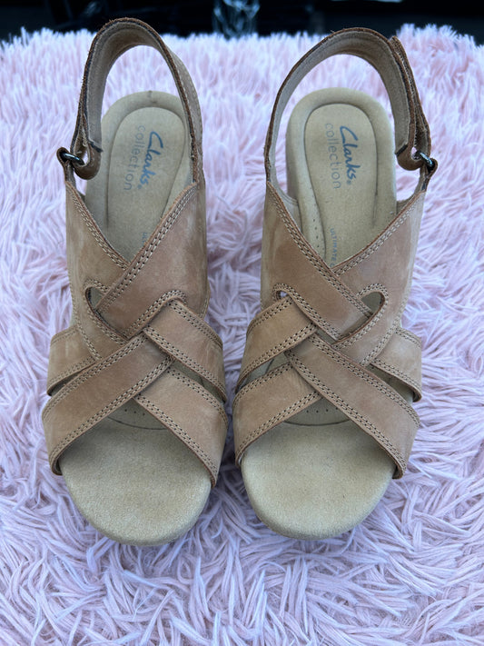 Shoes Heels Wedge By Clarks In Tan, Size: 8